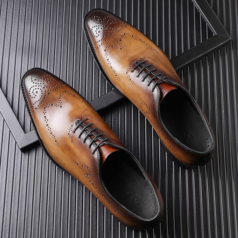 British style oxford shoes men's head cowhide three joints handmade square head business formal carved black leather shoes